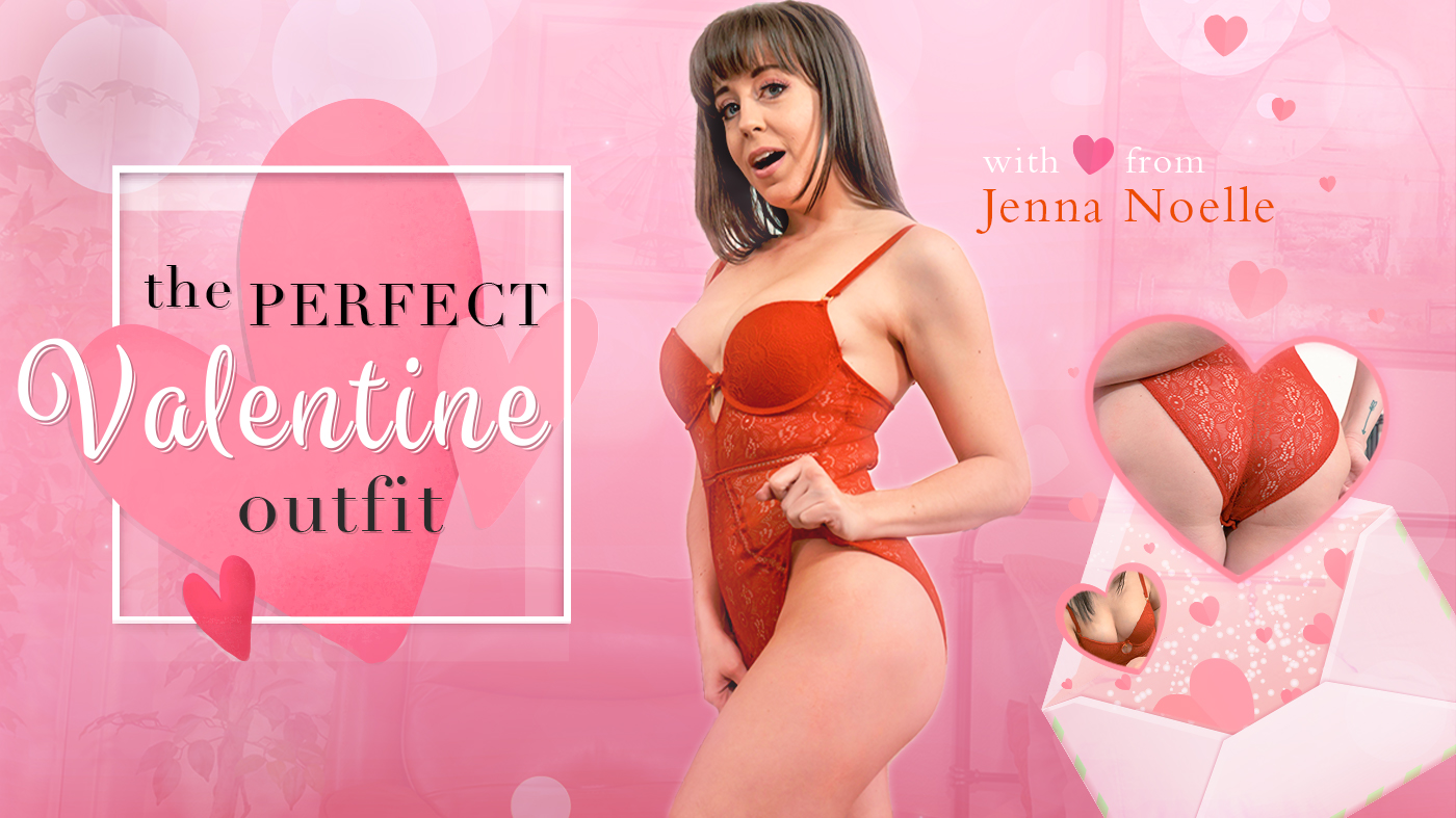Brunette Jenna Noelle poses in a Valentine outfit during this 4K solo VRAllure VR video