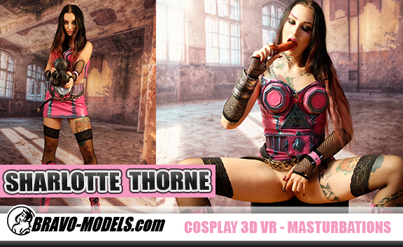 Brunette Sharlotte Thorne performs a solo cosplay scene in 4K resolution, featuring high quality VR content with 60 FPS smoothness.