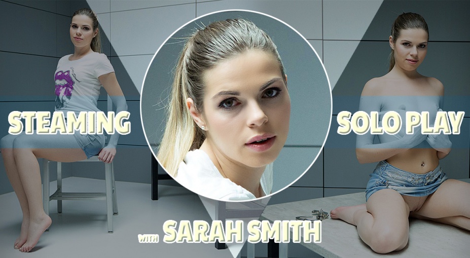 Sarah Smith performs a solo masturbation session in a steamy bathroom environment captured in high-definition 4K VR footage.
