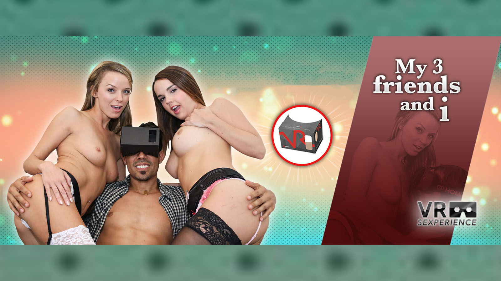 Dillion Harper and Pristine Edge receive oral sex from three friends in a 4K VR POV fisheye scene by VR Sexperience.