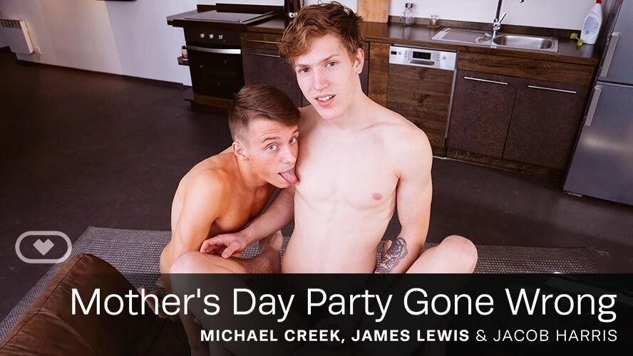 Michael Creek, James Lewis, and Jacob Harris engage in anal and blowjobs in a VR POV scene filmed at 60 FPS.