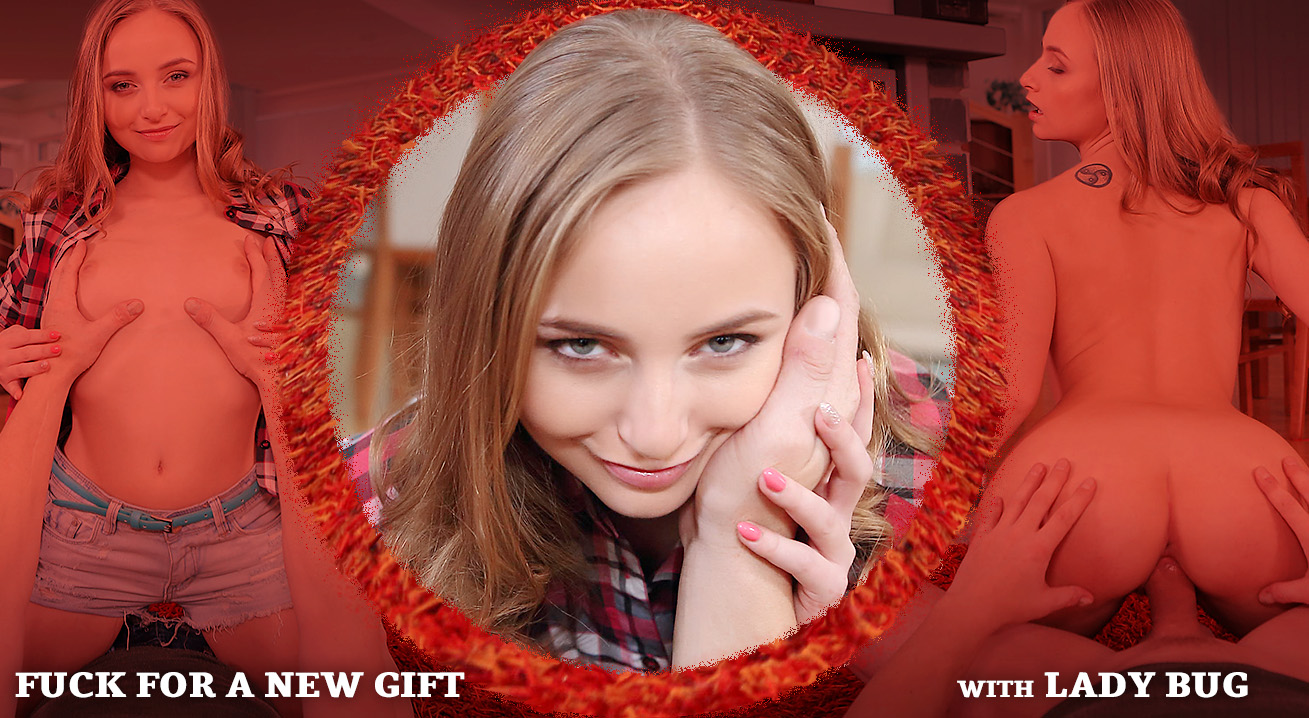 Charming blonde model Lady Bug performs a POV sex scene in 4K VR with 60 FPS for a new gift.