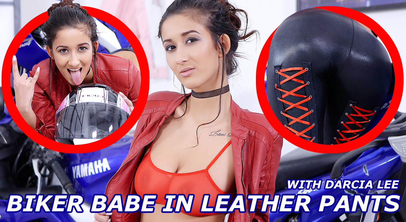Darcia Lee in leather pants poses solo in a VR scene featuring European teen styling and 60 FPS visuals.
