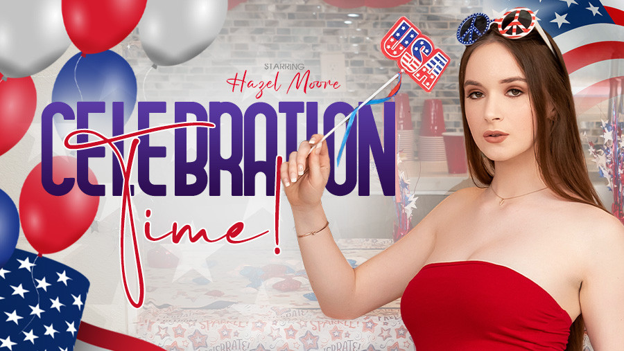 Hazel Moore performs a POV footjob and blowjob in a bright celebration setting with VR Conk 60 FPS passthrough quality.
