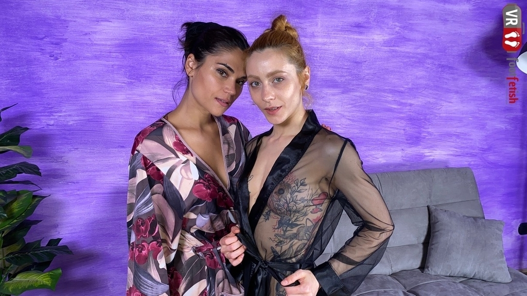 Chiara and Stella, brunettes from VRFootFetish, massage each other's feet with oil in a 4K VR fetish scene at 60 FPS.