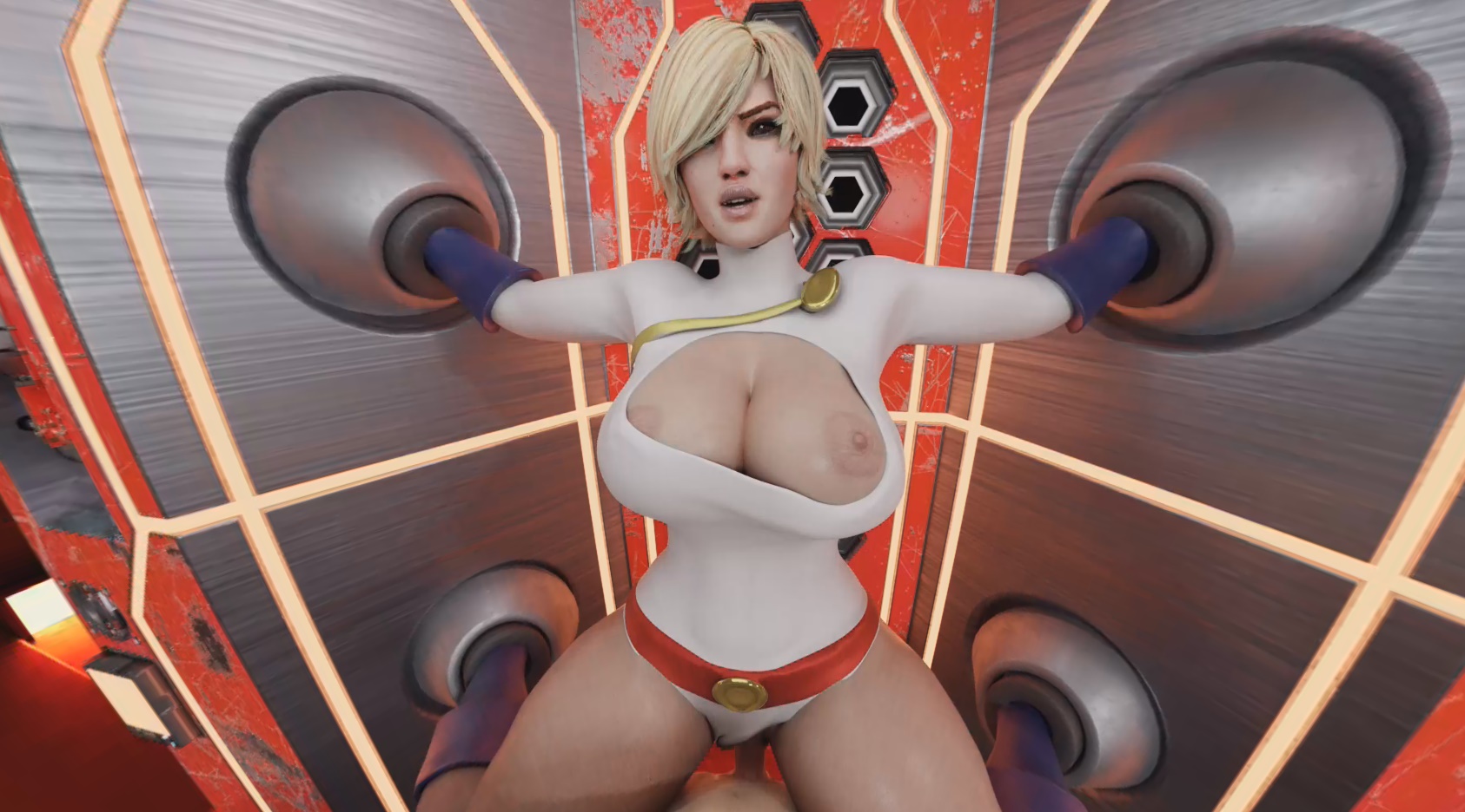 POV VR scene featuring a Powergirl parody character stuck in a 3D environment with big tits, filmed in 4K 60 FPS 180-degree passthrough.
