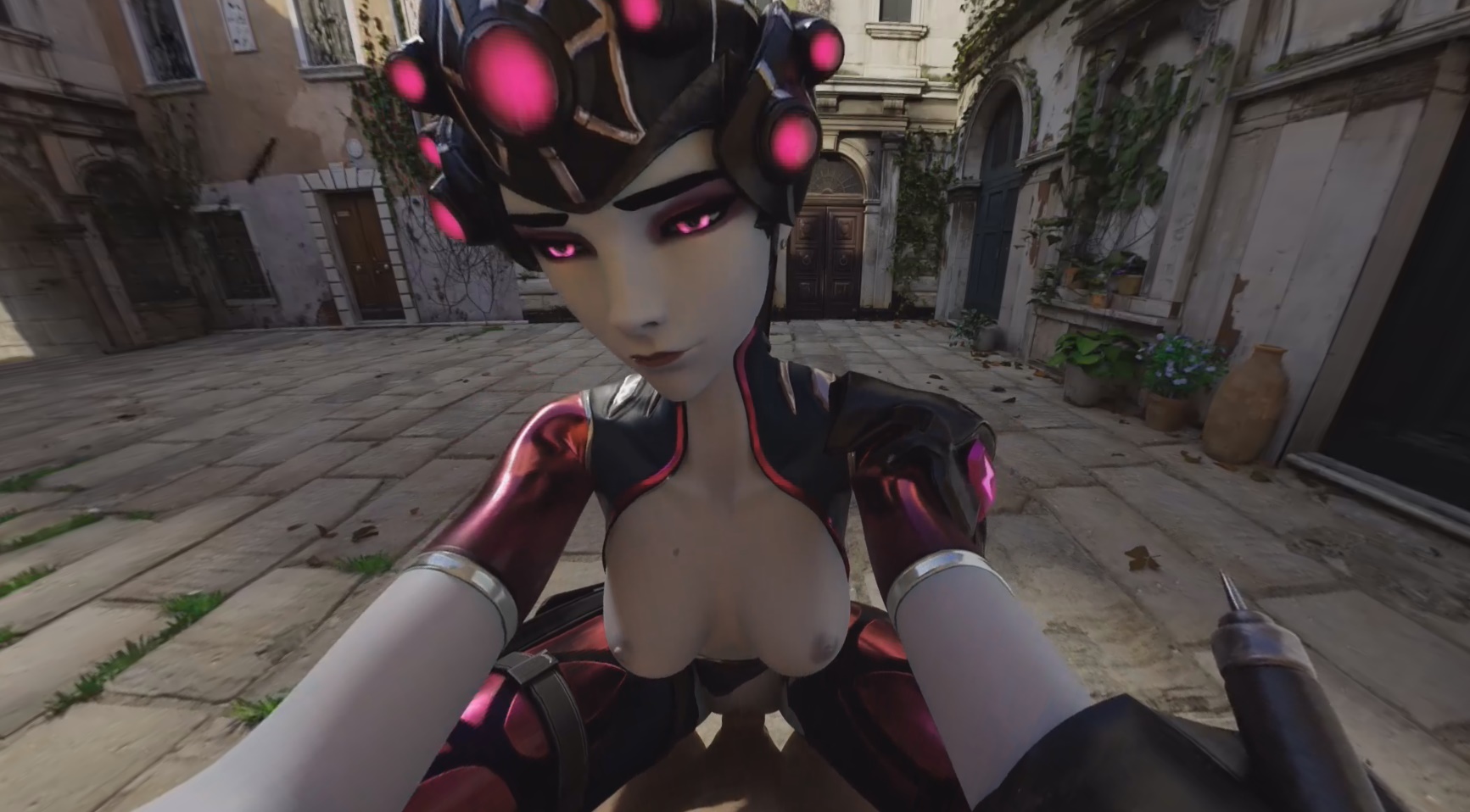 CGI Widowmaker seated in 180 degree 4K VR scene featuring animated character in explicit sexual activity produced by RapidBananaCannon