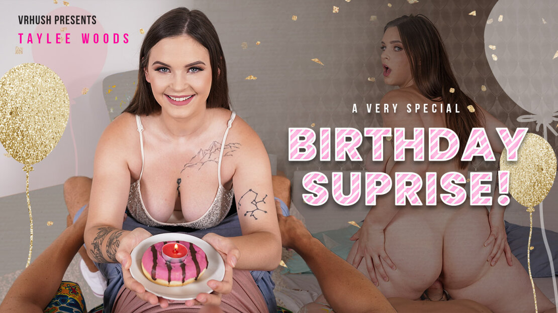 Taylee Wood performs a POV blowjob and titty fuck in a VRHush 60 FPS VR video featuring a special birthday surprise setting