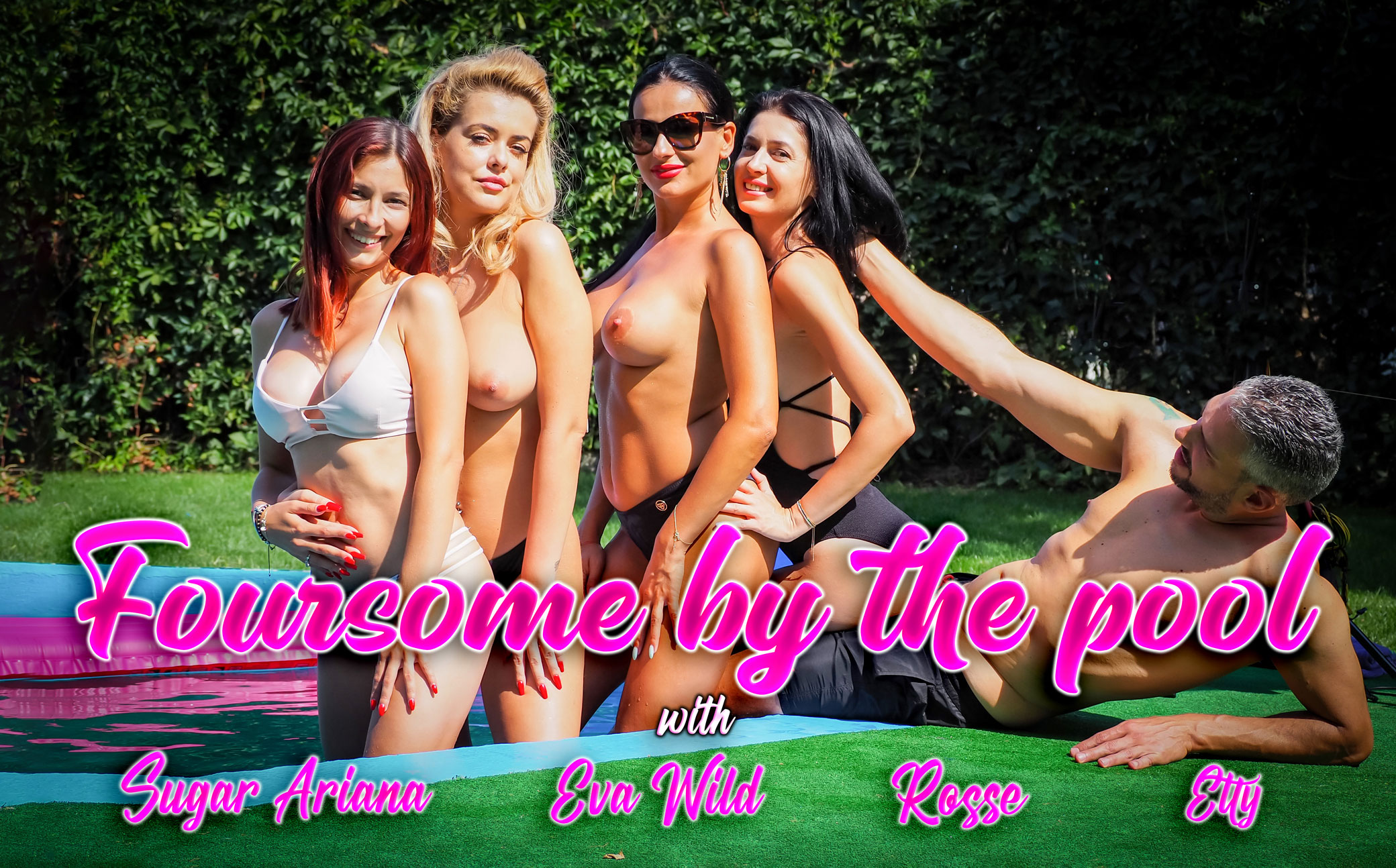 Eva Wild, Rosse, and Sugar Ariana perform oral sex by a pool in this 4K VR video featuring outdoor scenes and 60 FPS playback.