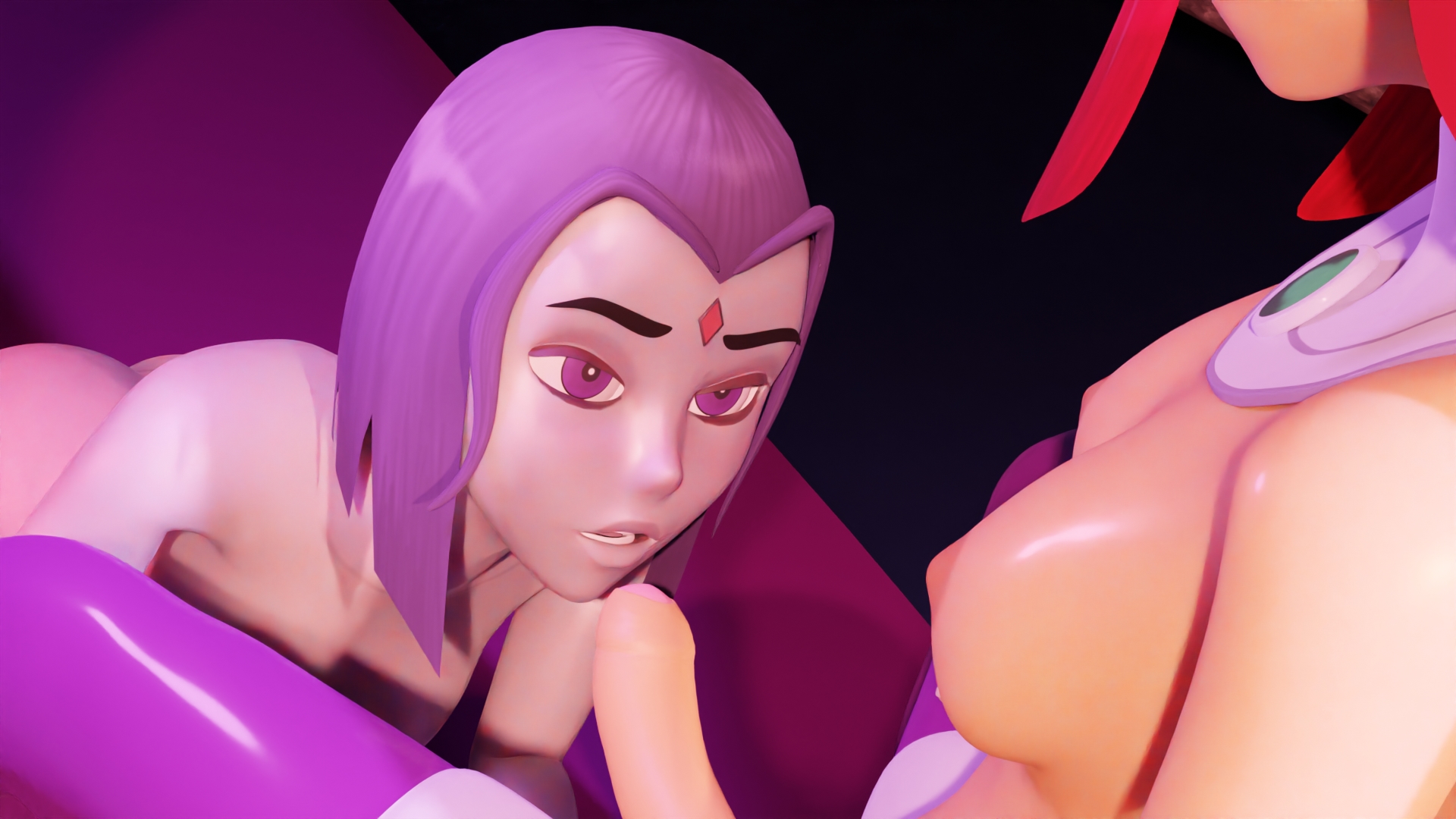 Starfire and Raven perform a lesbian blowjob in 4K VR anime style with futanari elements and POV camera angles.