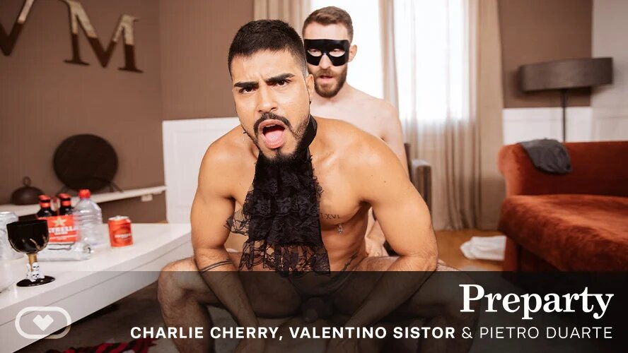 Valentino Sistor, Charlie Cherry, and Pietro Duarte perform anal and oral acts in a bear setting, filmed in 60fps VR POV style.