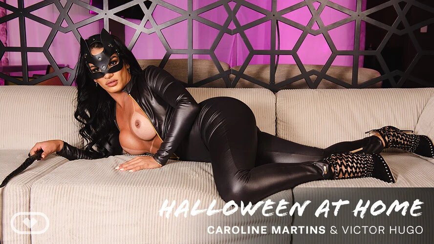 Caroline Martins performs a blowjob and anal roleplay in a Halloween setting with dirty talk in this 60 FPS VR POV video.
