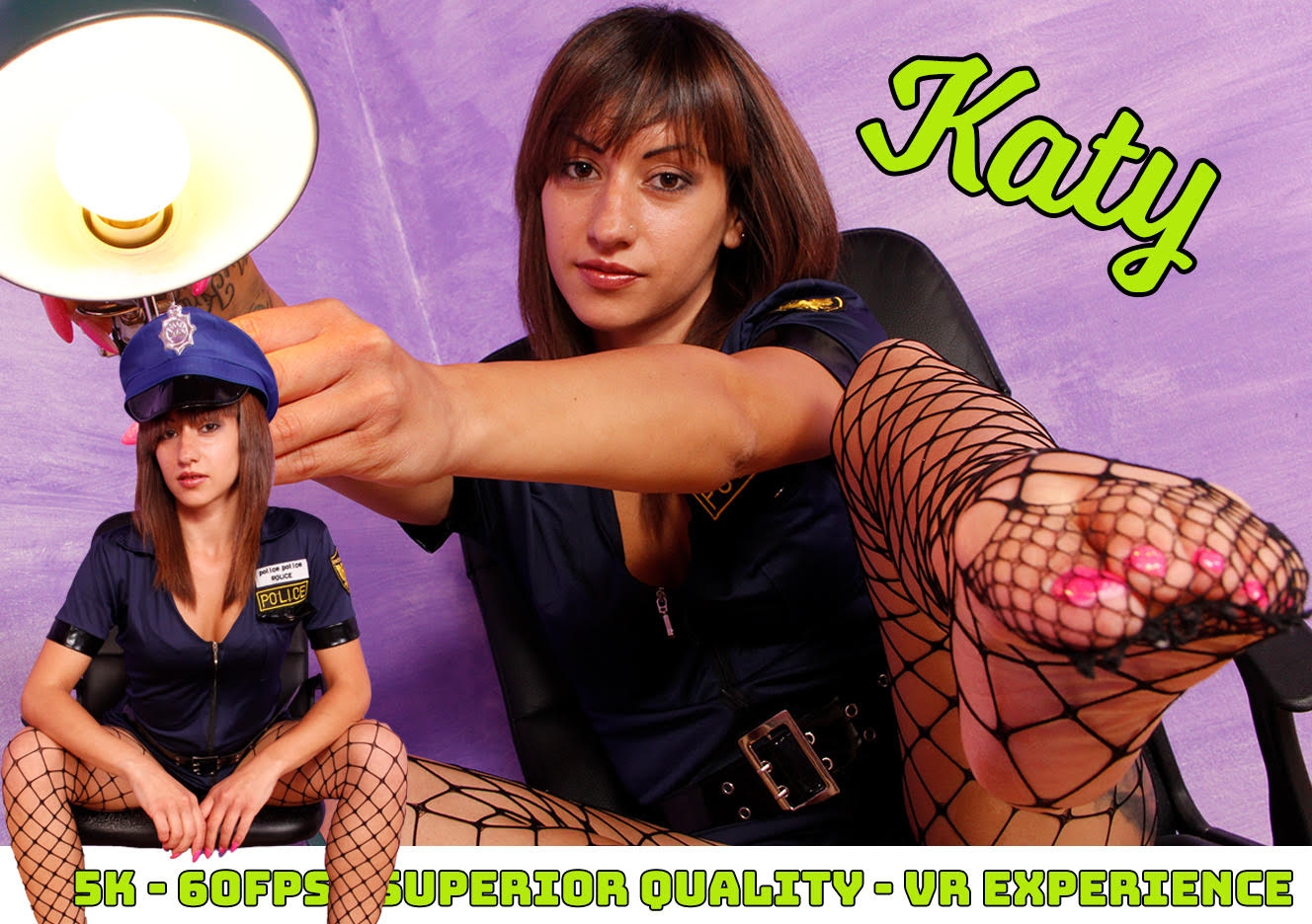 European model Katy in a sexy cop cosplay displays fishnet-clad feet during a solo non POV VR scene filmed at 60 FPS.