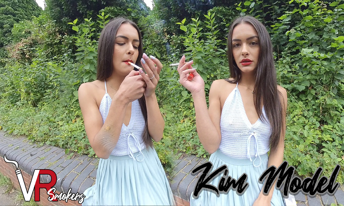 Kim Model wears a knitted top in a solo non POV fetish scene produced by VR Smokers in 4K resolution.
