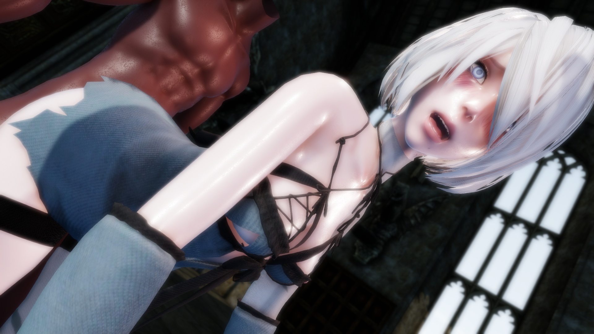 CGI 2B from Nier Automata viewed from behind in a 180 degree 5K VR hentai parody produced by Lewd FRAGGY.