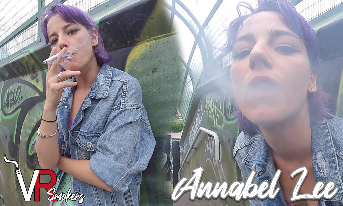 Annabel Lee smokes on a bridge in this non POV VR video featuring fetish themes and 60 FPS quality.
