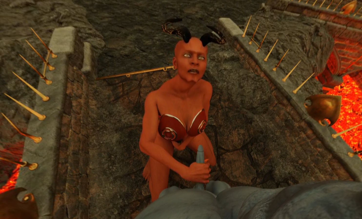 CGI devil performs oral sex on a host in a dark VR setting featuring 360 degree binaural audio and 4K resolution.