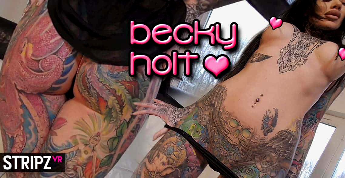 British model Becky Holt performs a solo tease in a StripzVR non POV scene rendered in 4K resolution at 60 frames per second.