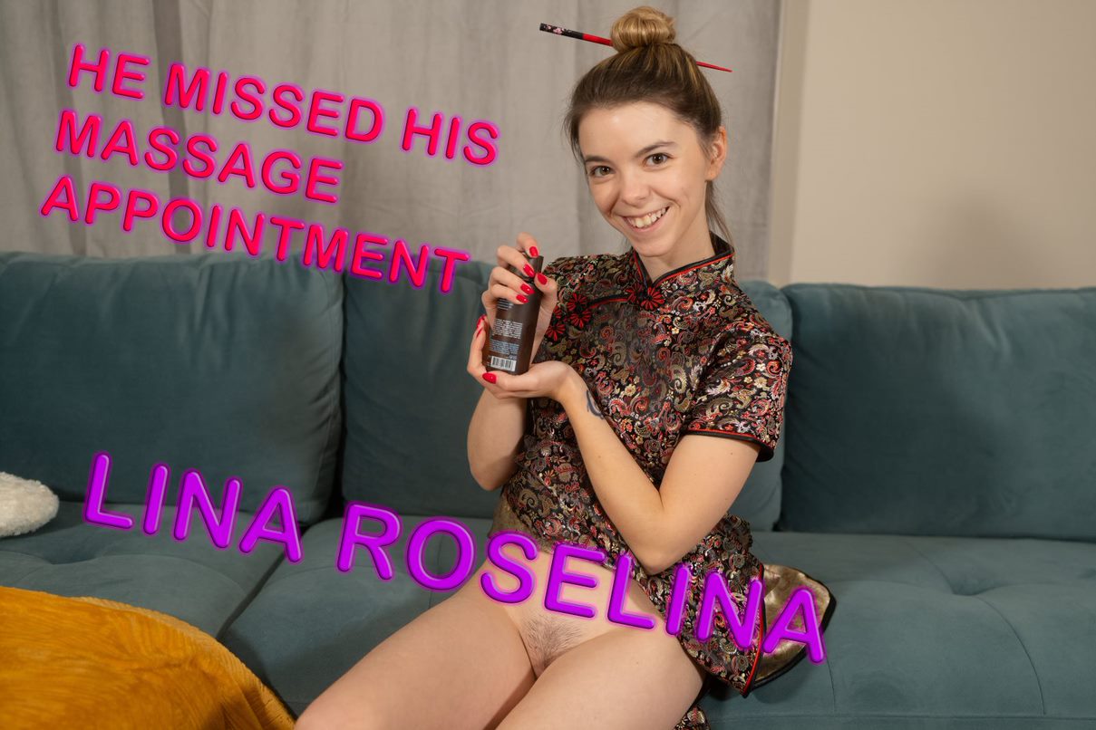 Lina Roselina performs a solo massage in a studio setting for a non-POV premium 4K VR video.
