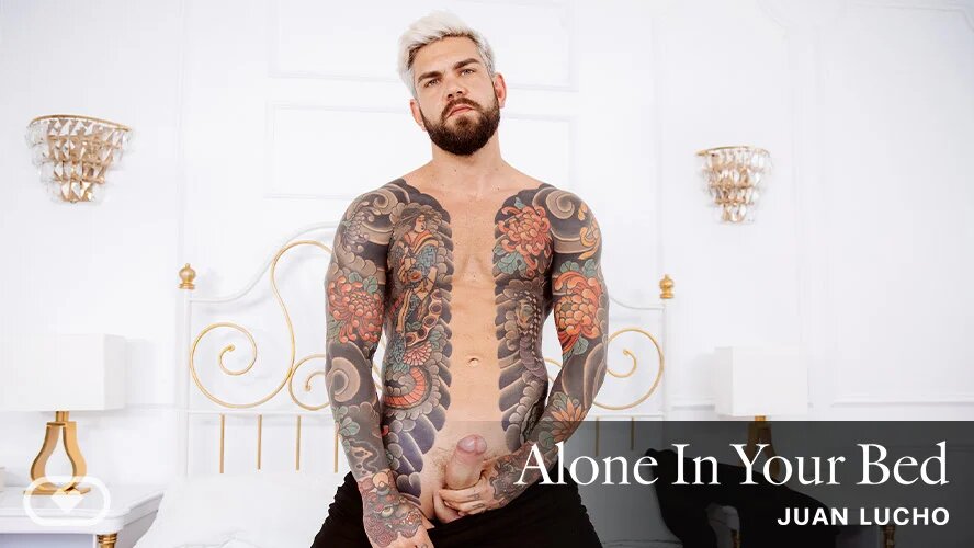 Juan Lucho performs a solo bear routine in a bedroom setting, filmed in 4K VR for VirtualRealGay.