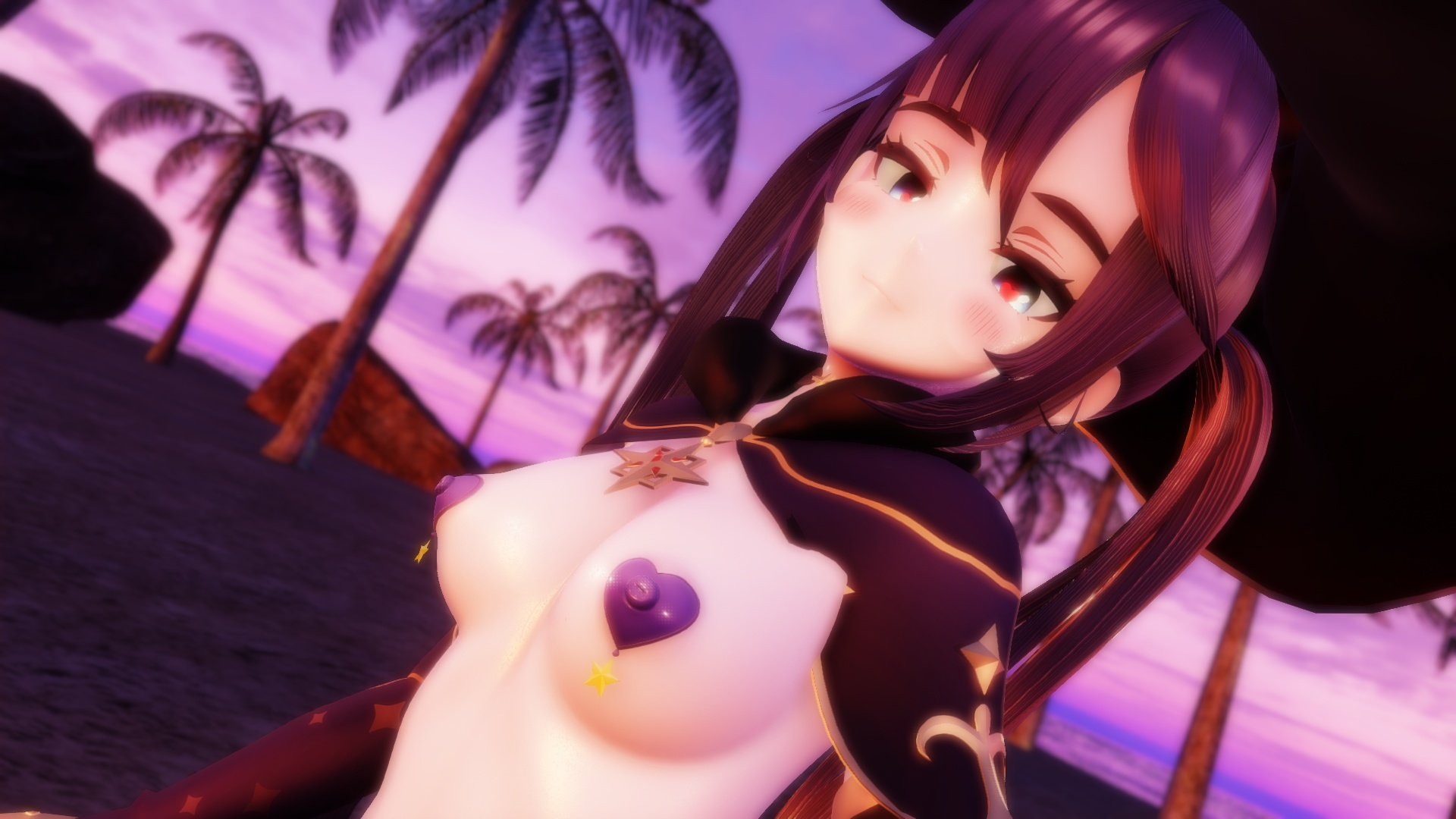 Mona rides in cowgirl position on a beach at sunset in this 180 degree VR POV video