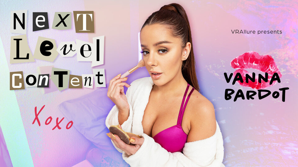 Brunette model Vanna Bardot performs a solo routine in a neutral room captured in 4K non-POV VR.