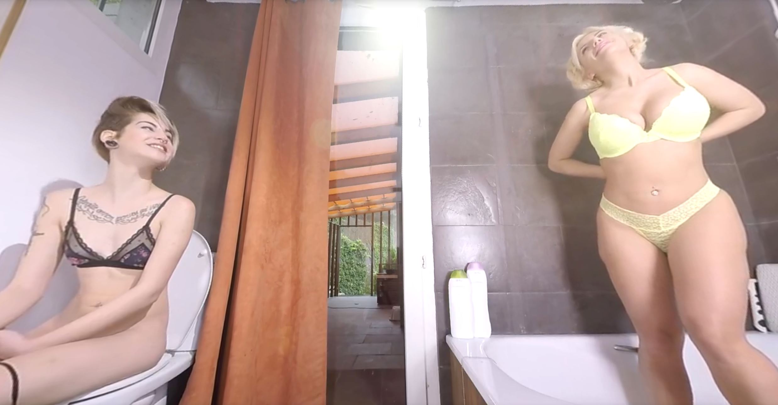 Female model masturbating in a bathroom setting shown in a 4K non POV 180 degree VR video by THAGSON VR