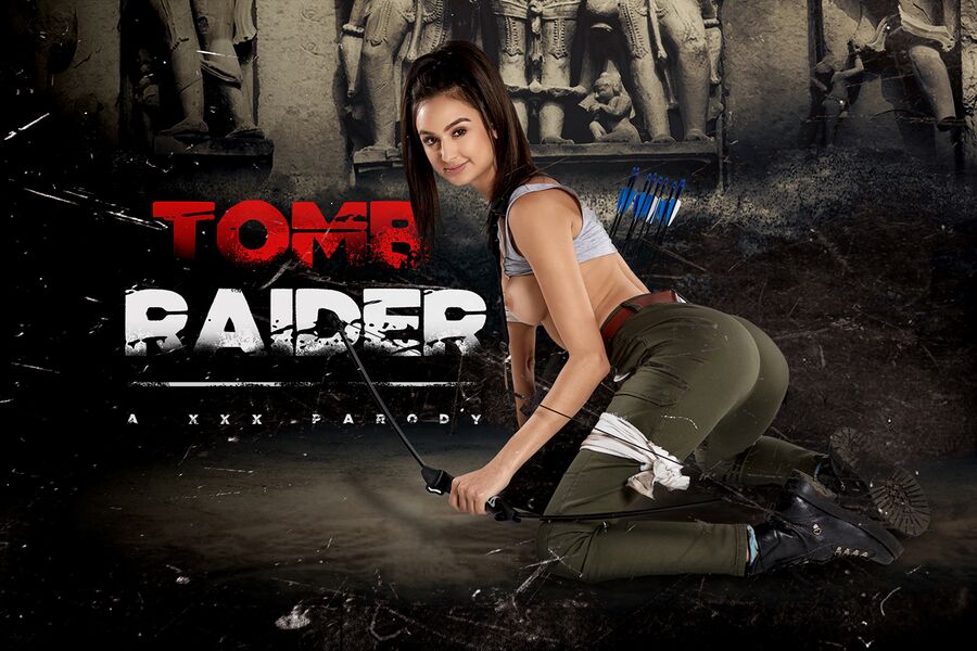 Eliza Ibarra as Tomb Raider performs a POV blowjob in cosplay within a VR video game setting featuring 60 FPS passthrough.
