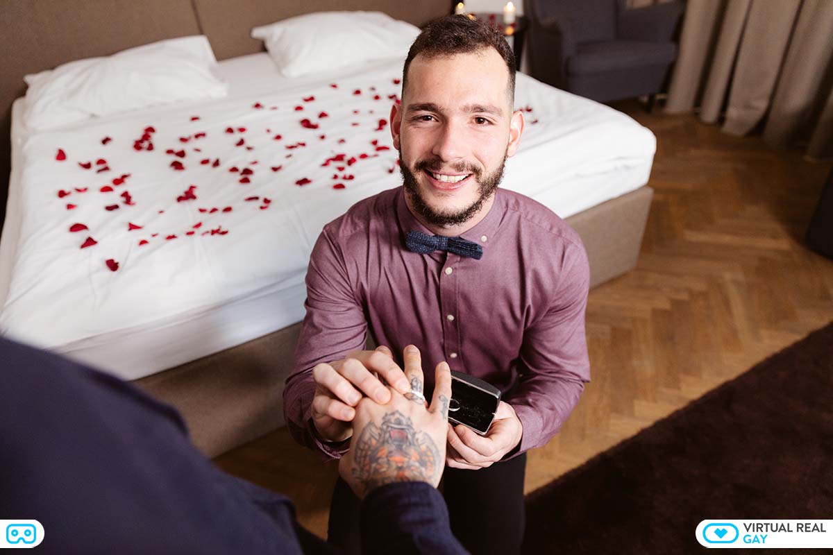 Gay wedding night VR featuring Igor Lucios and Ricky Hard in a bear anal POV scene with premium 60fps quality.