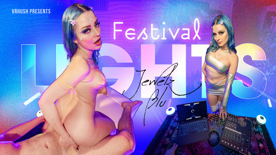 Jewelz Blu performs a blowjob and pussy licking in a cyberpunk setting during this 60 FPS VRHush POV video with festival lights.