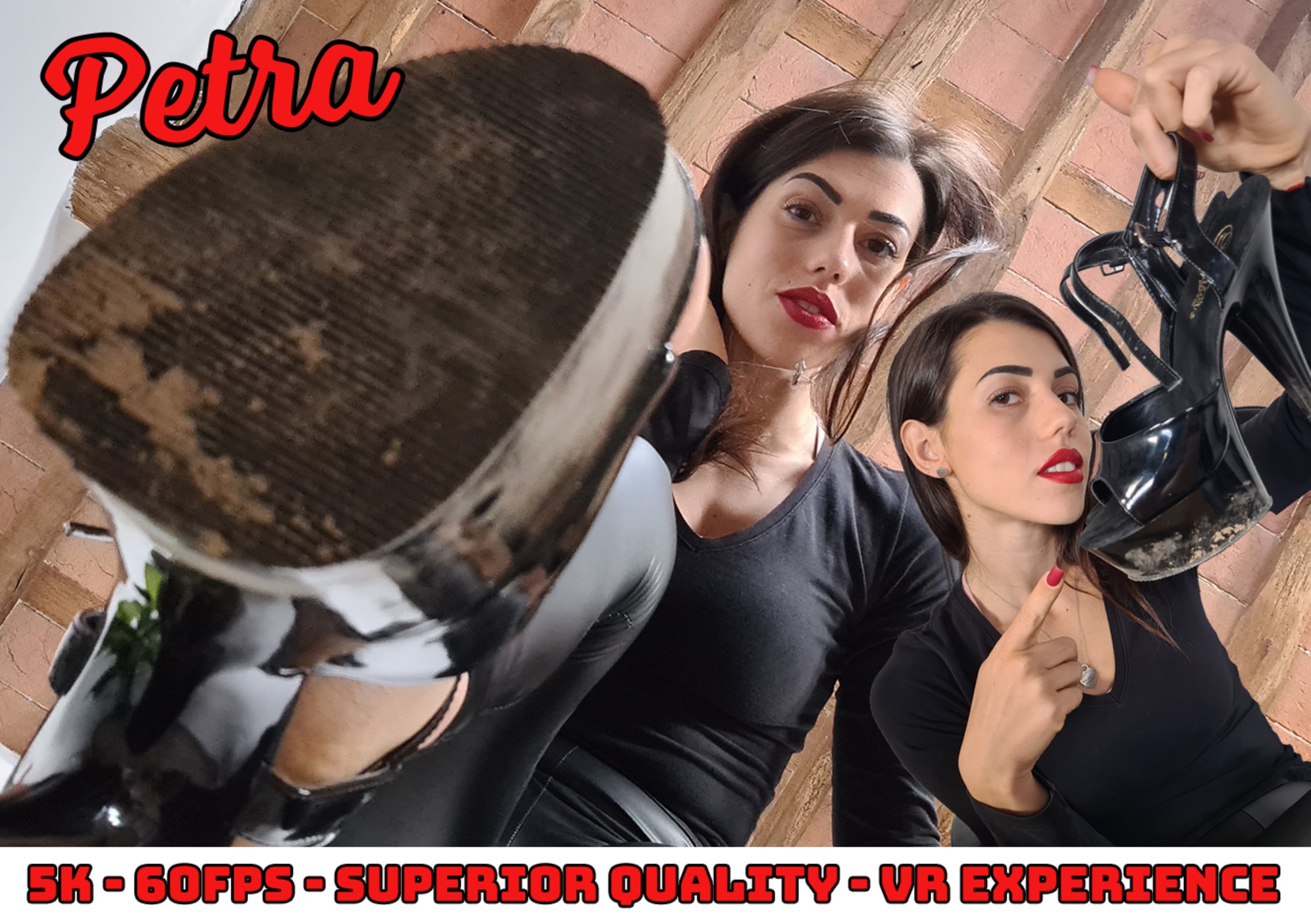 Petra poses in stilettos for a solo non-POV 4K fetish scene where a slave licks her dirty soles in this VR production.