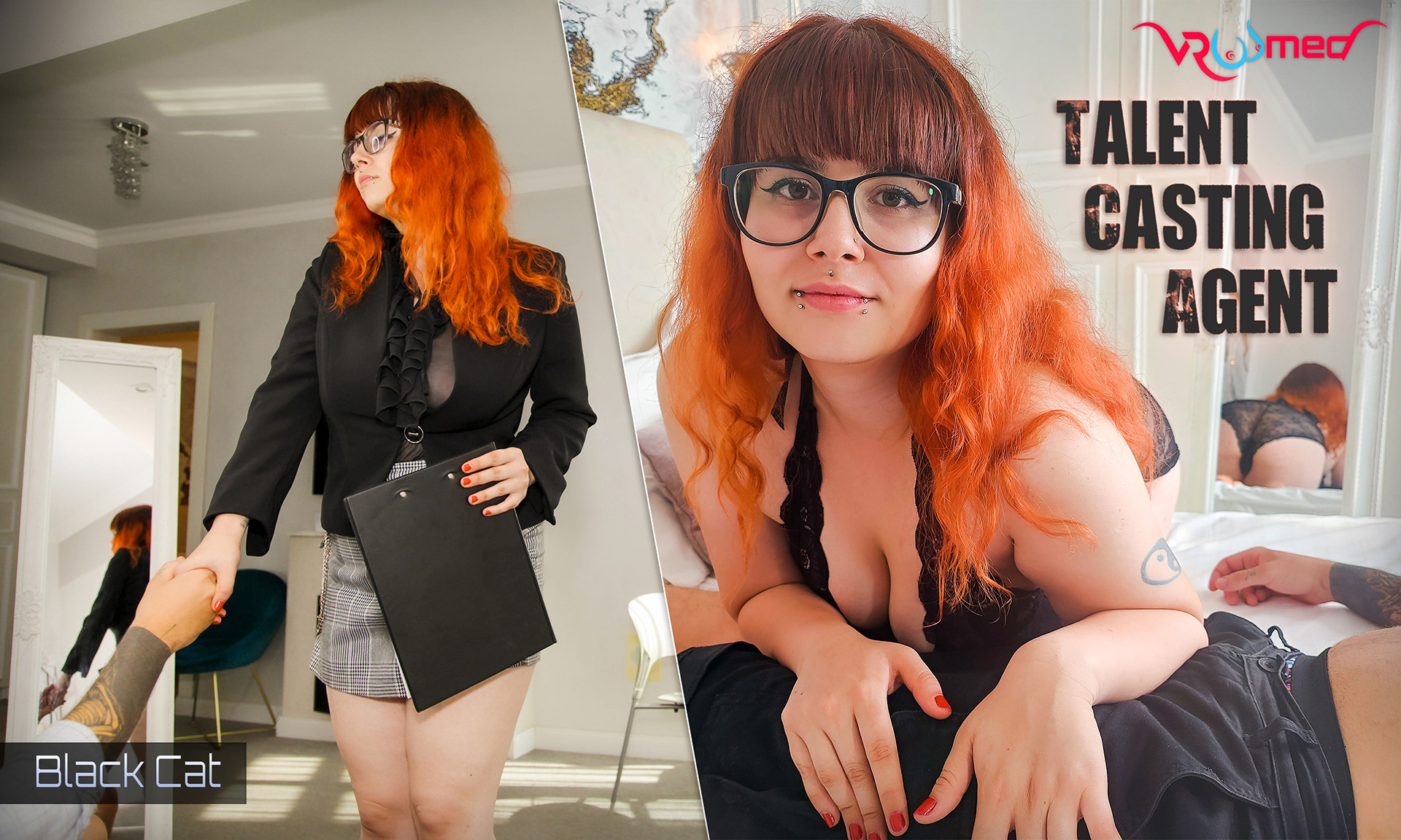 Gothic model Black Cat poses as a casting agent in a VRoomed 4K POV scene with 60 FPS VR visuals and high definition clarity