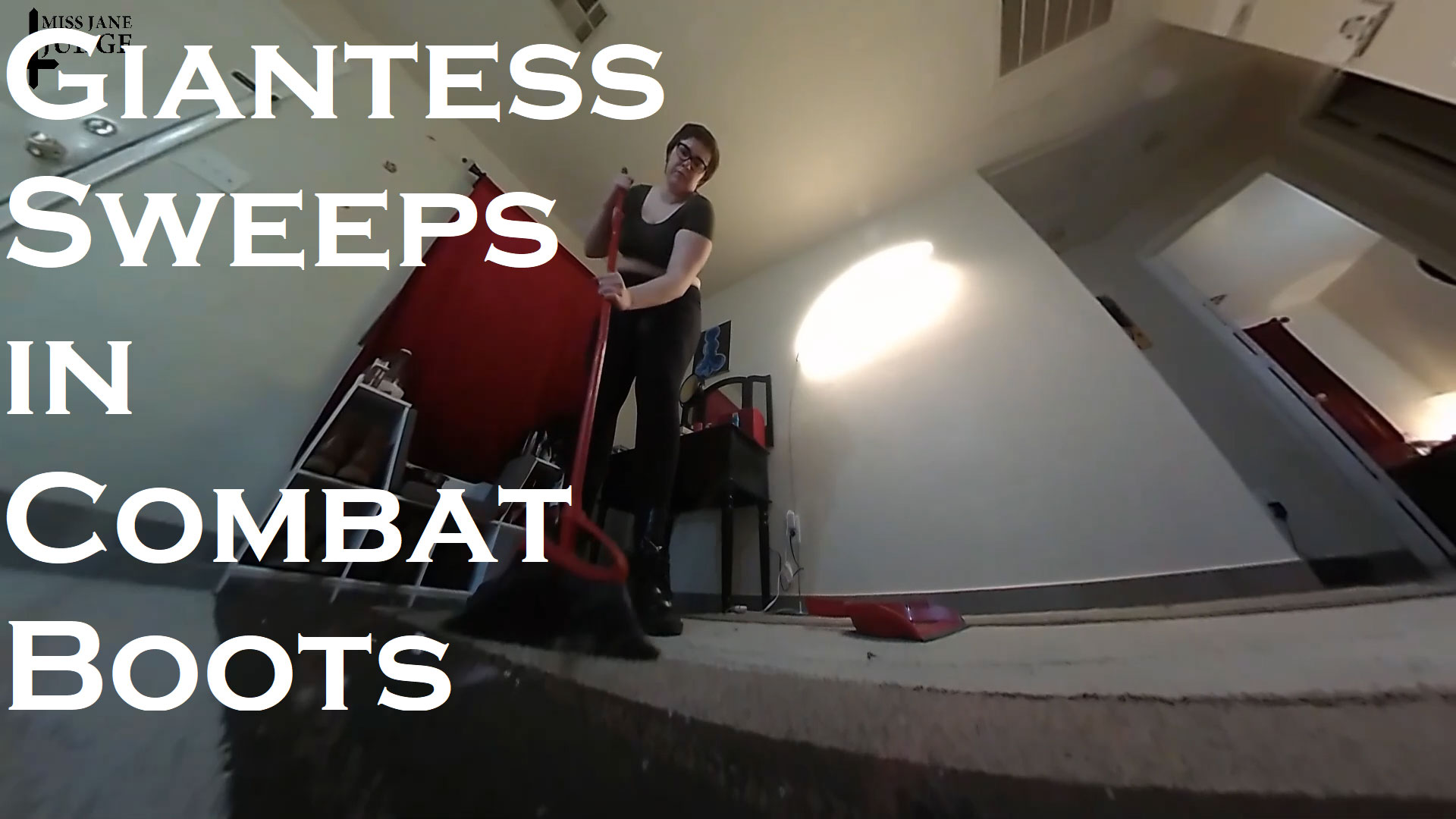 Unaware Giantess model in glasses and combat boots sweeps alone in a non POV 4K VR scene produced by Jane Judge.