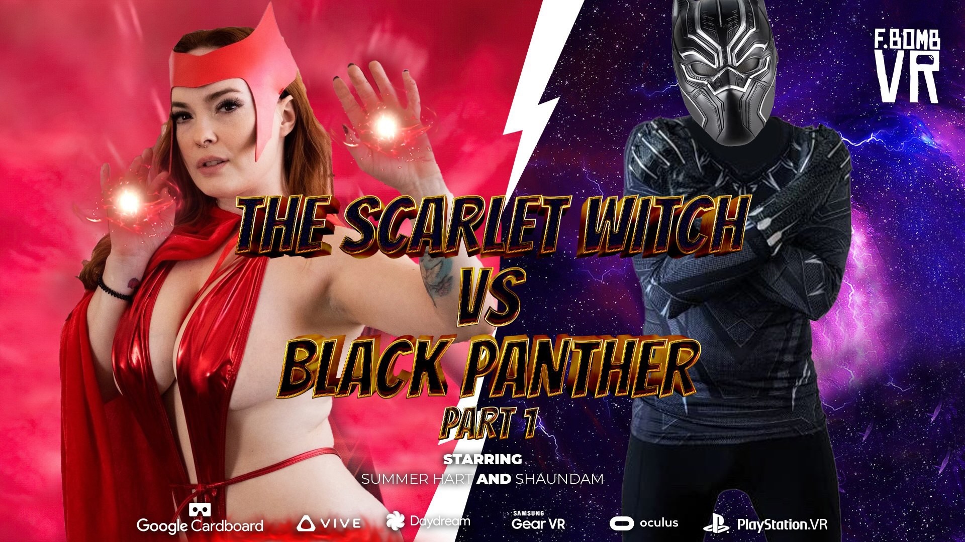Summer Hart as Scarlet Witch performs a POV blowjob on Black Panther in a cosplay scene produced by FBOMB VR.