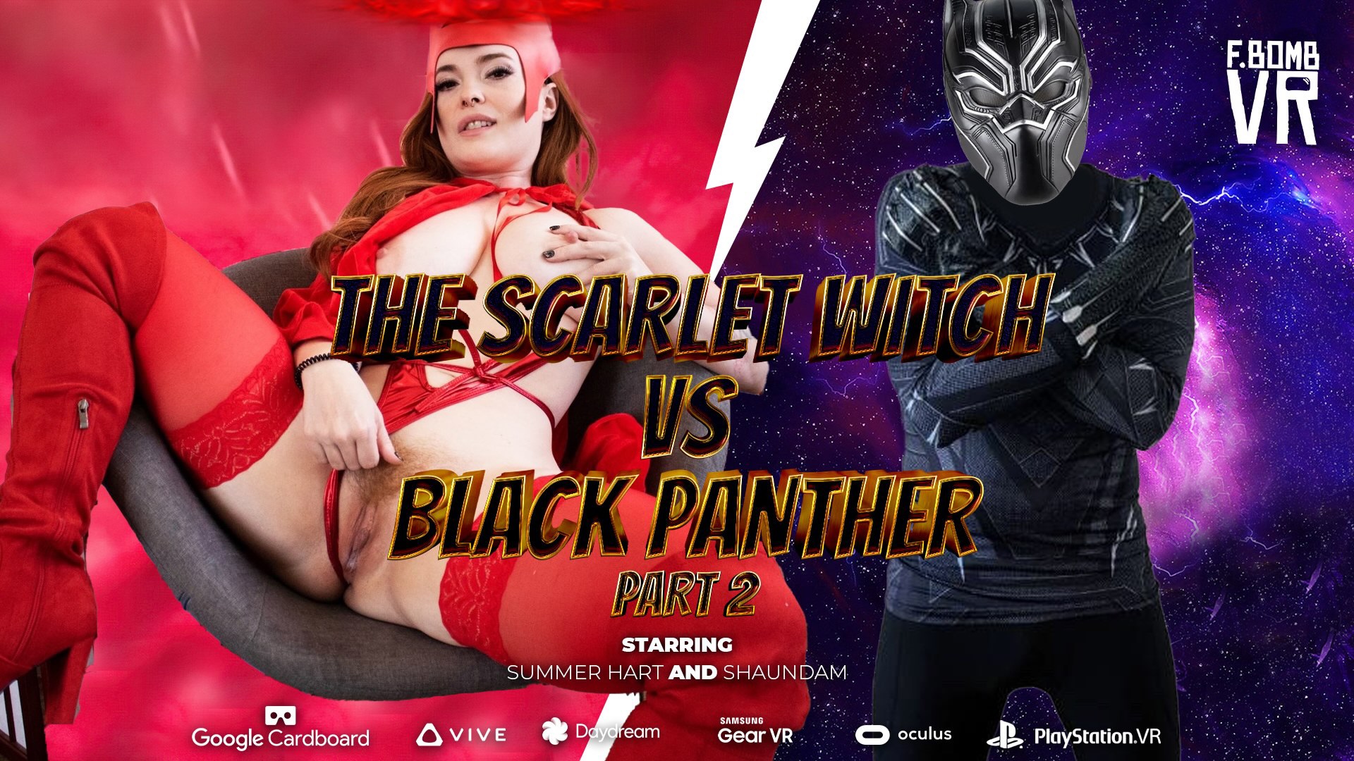 Shaundam and Summer Hart in Scarlet Witch and Black Panther cosplay perform oral sex in 4K VR POV.