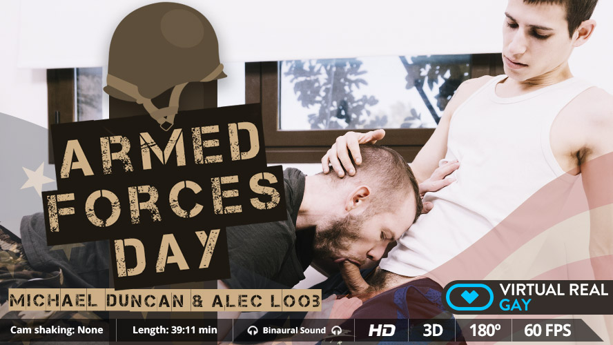 Michael Duncan and Alec Loob perform oral sex in a 4K VR POV scene for VirtualRealGay on Armed Forces Day.
