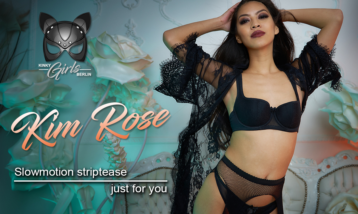 Brunette model Kim Rose performs a solo striptease in a 4K 60 FPS VR video produced by KinkyGirlsBerlin