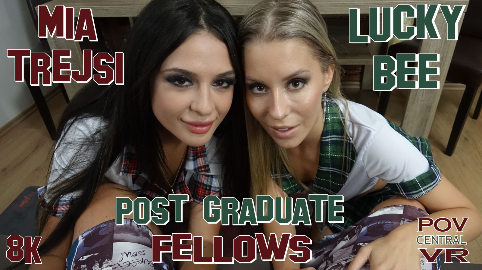 Mia Trejsi and Lucky Bee perform group sex and oral acts in a POV VR video with 4K resolution and 60 FPS.