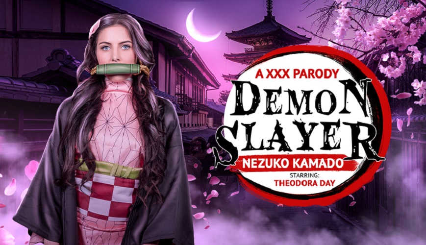 Nezuko Kamado cosplay by Theodora Day performs a POV blowjob in a horror setting with VRConk 60 FPS production.