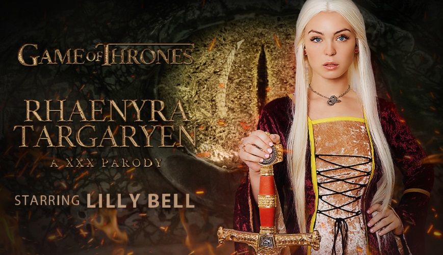 Lilly Bell cosplaying Rhaenyra Targaryen performs a POV blowjob in a 4K VR scene with 60 FPS rendering.