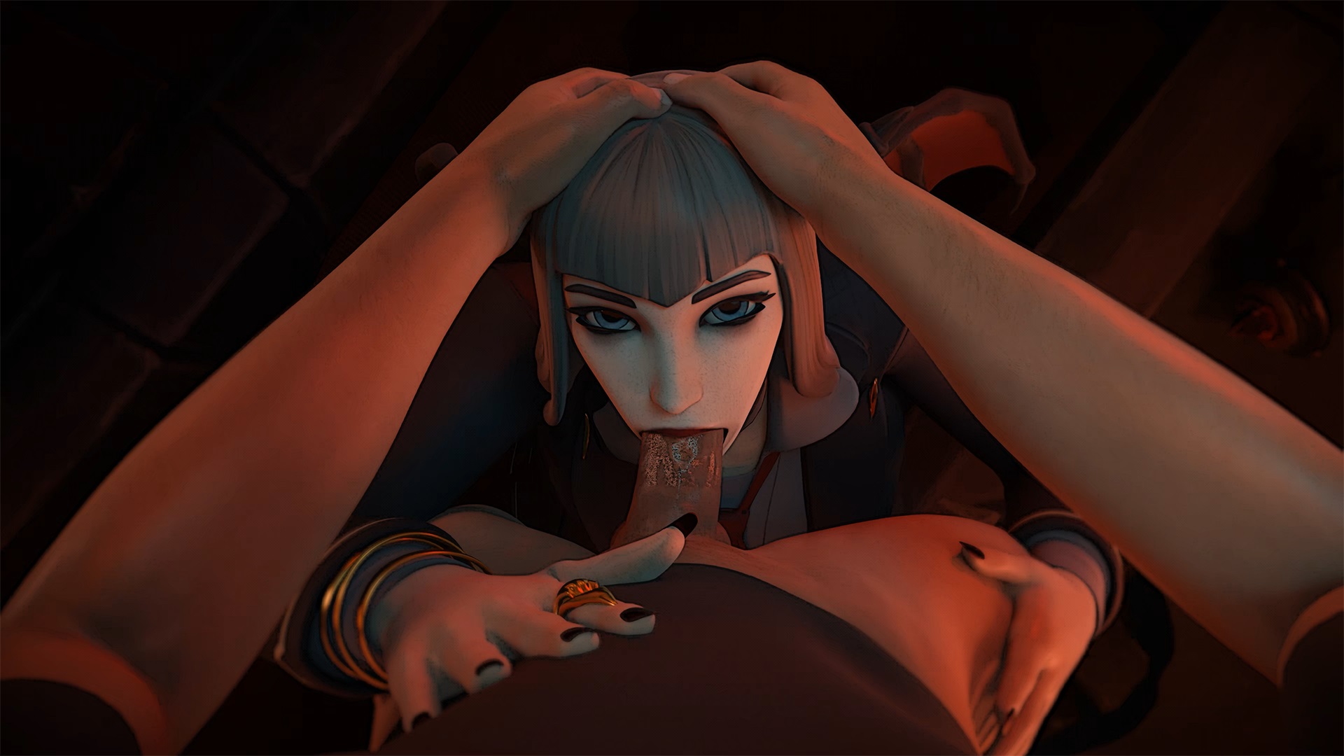 Vivica Saint performs a POV blowjob in a bedroom setting for this 4K DarkDreams VR parody video