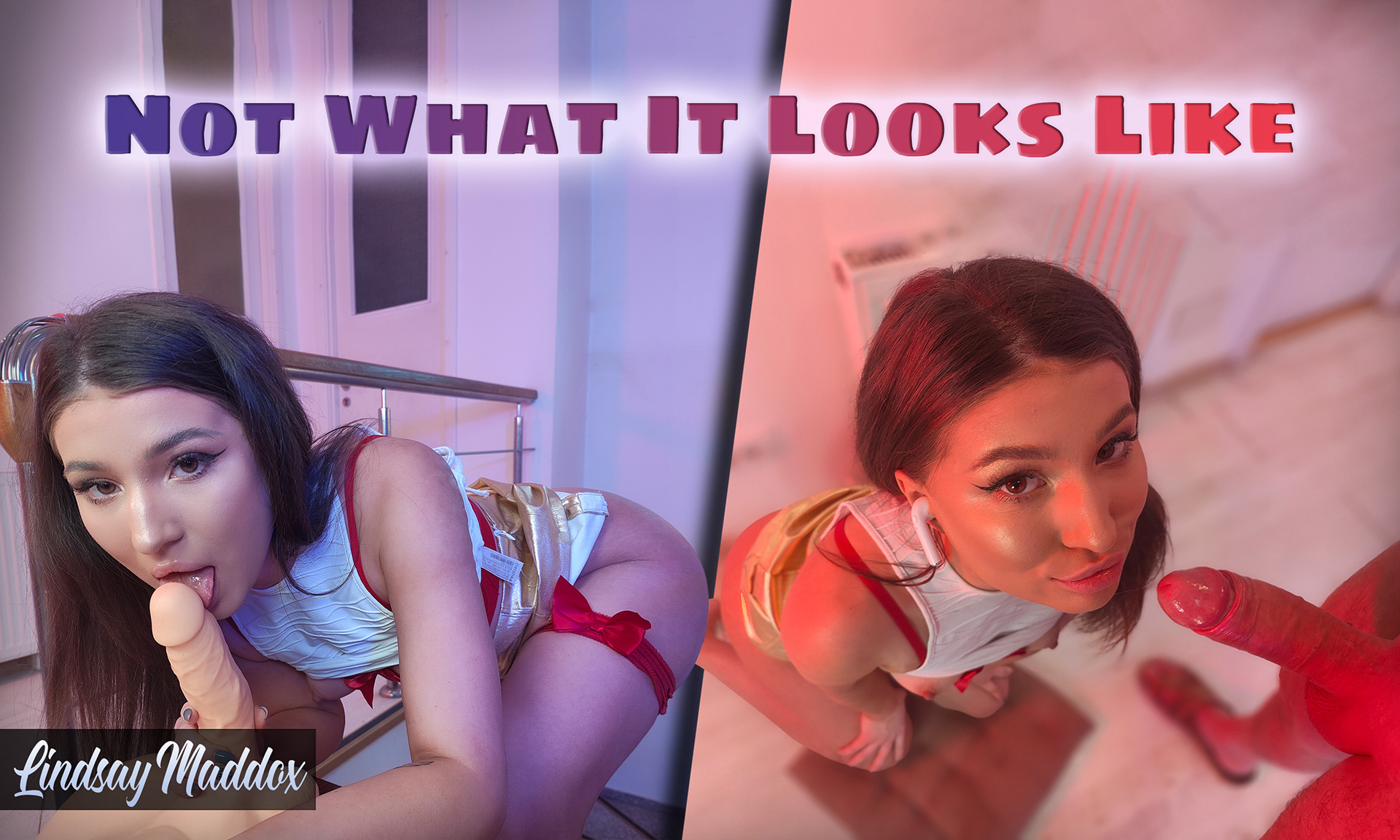 Brunette model Lindsay Maddox performs a non POV blowjob in a VRixxens 4K 60 FPS VR video production.