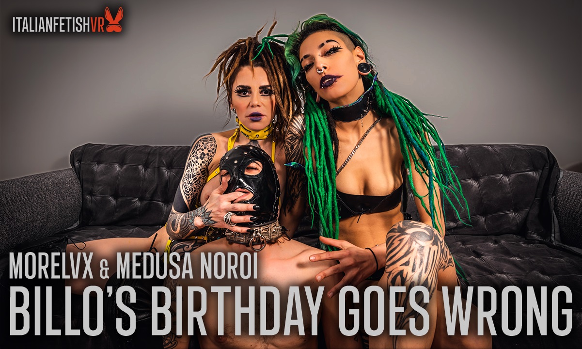 Medusa Noroi and MoreLVX in a POV fetish scene during a birthday mishap, filmed in 4K VR by ItalianFetishVR.