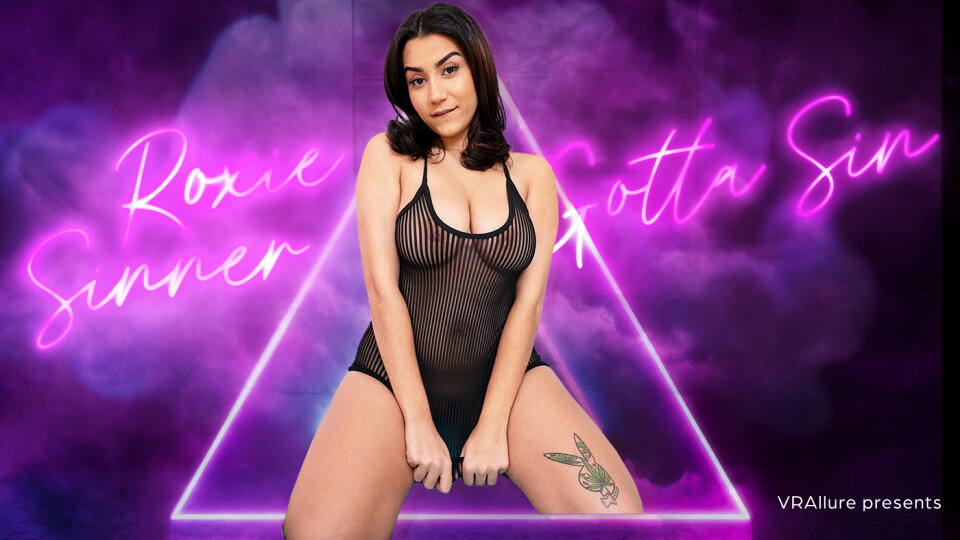 Roxie Sinner performs a solo sexual act in a bedroom setting for VRAllure in this 4K POV VR video.