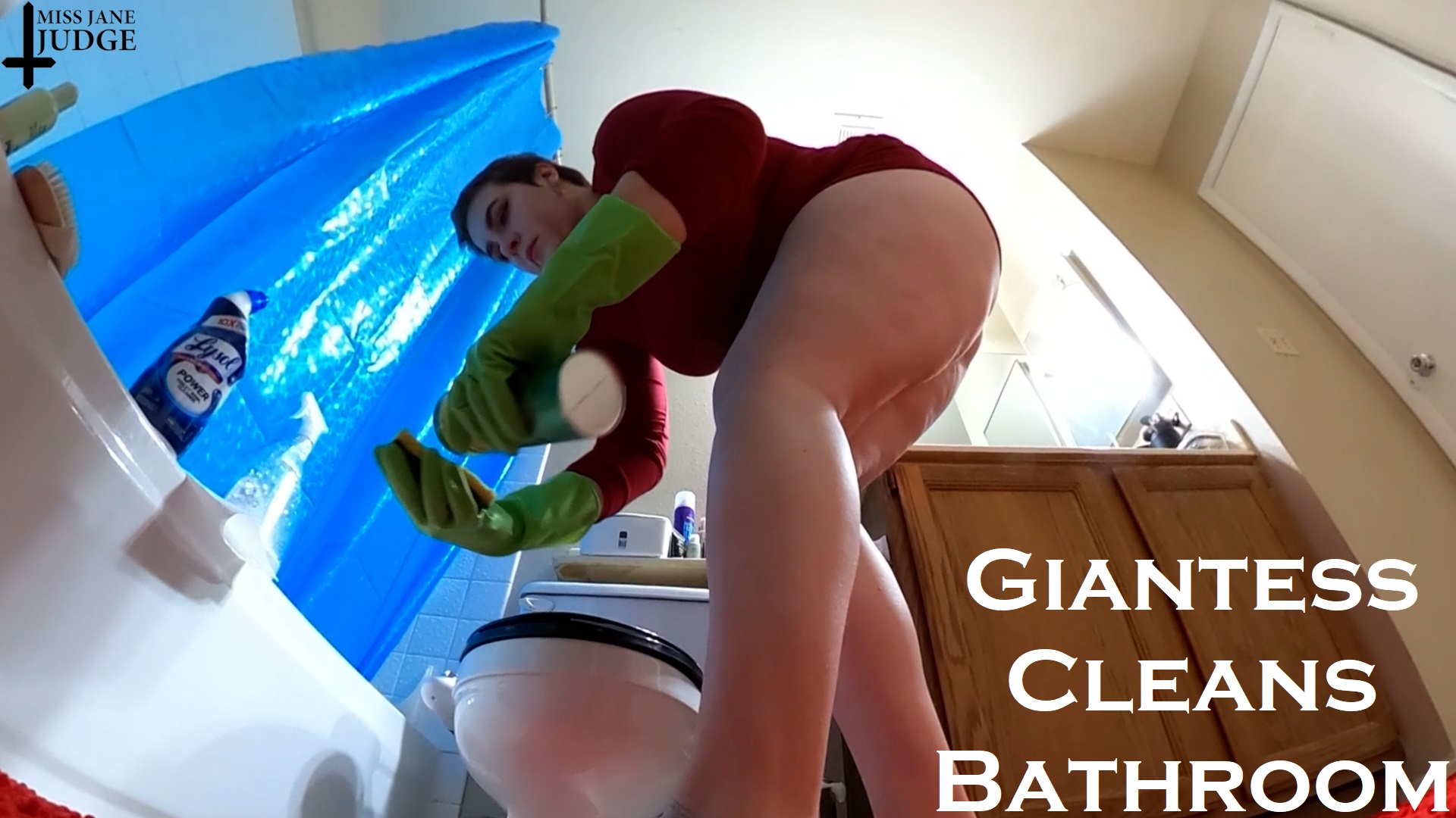 Jane Judge cleans a bathroom in this solo 4K non-POV fetish VR video featuring big tits.