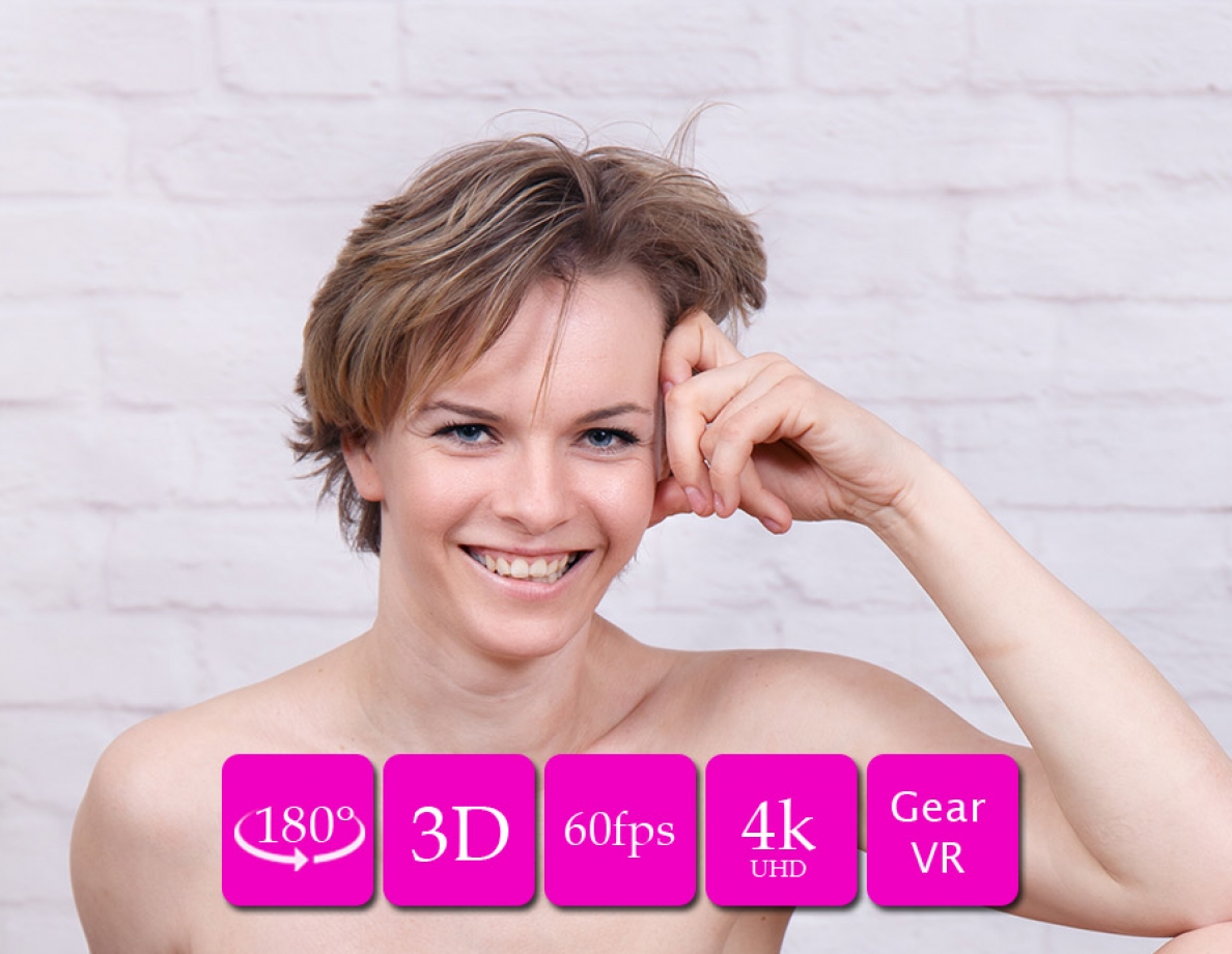 Kristina MILF poses in a casting backstage setting during a solo POV VR recording produced in 4K resolution and 60 FPS.