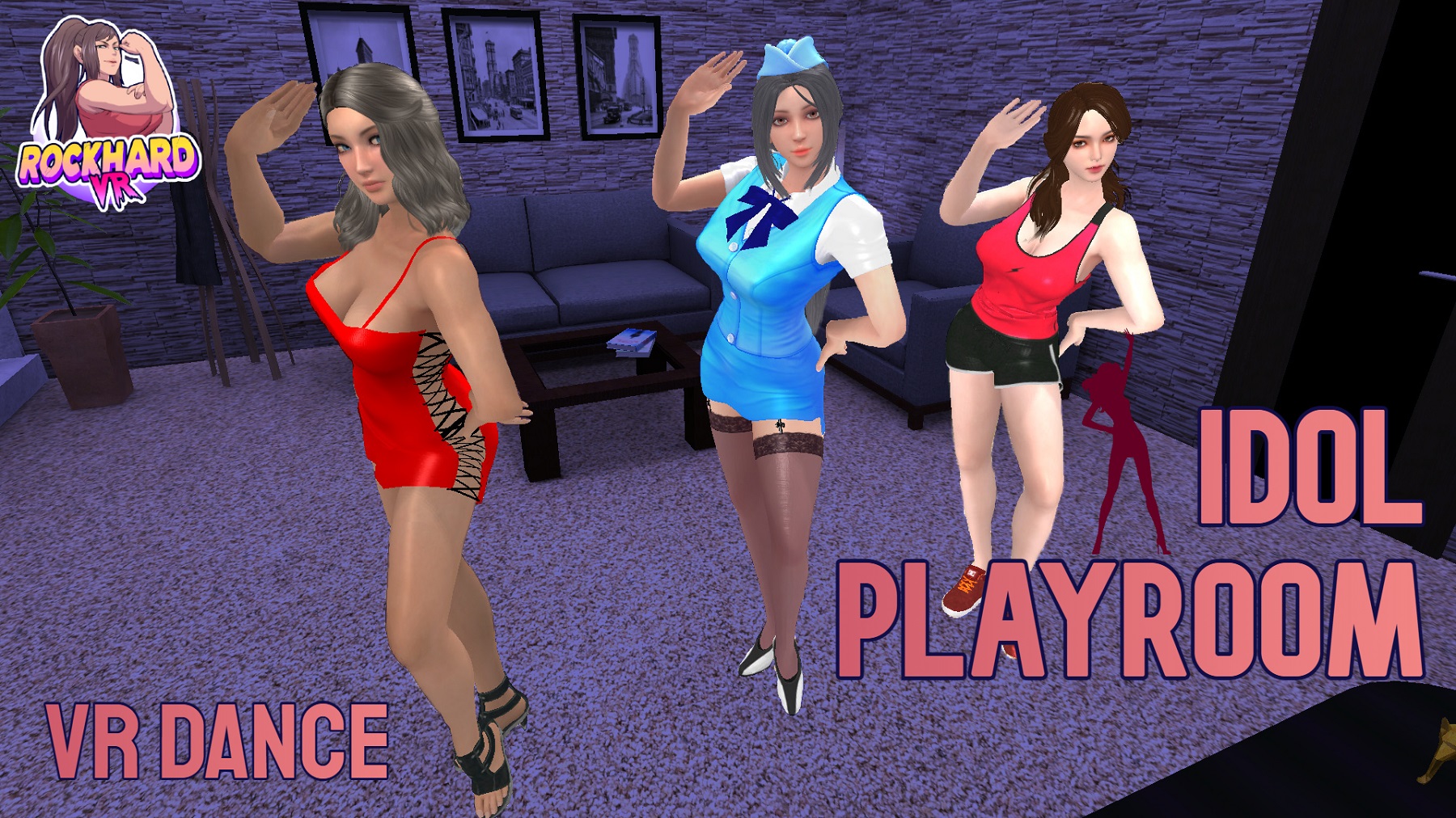 Female model interacts with virtual idols in a RockHardVR playroom featuring 6DoF spatial audio and immersive webxr gameplay.