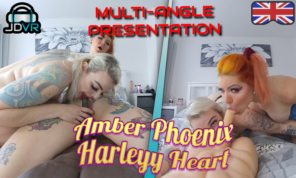 Harleyy Heart and Amber Phoenix kiss in a four-person VR POV scene filmed in 4K resolution with multi-angle camera work.