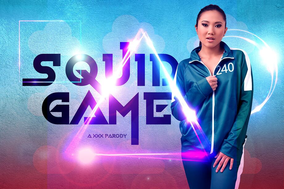 VRCosplayX VR scene featuring May Thai in cosplay performing a POV blowjob in 4K resolution for Squid Game XXX parody content.