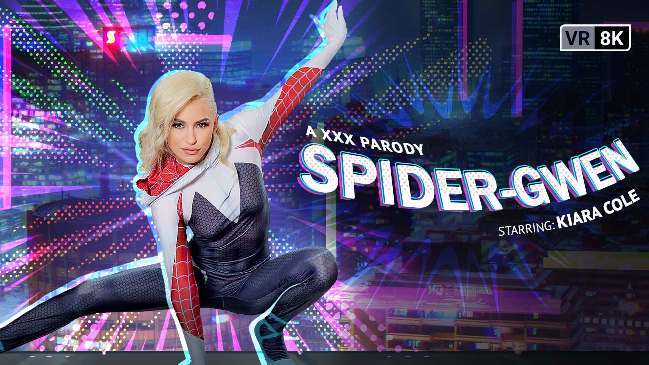 Kiara Cole as Spider-Gwen performs a POV blowjob in cosplay for VR Conk, featuring 60 FPS premium adult VR content.